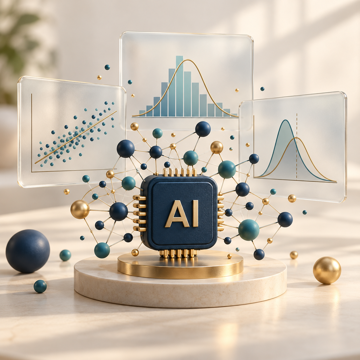 ภาพประกอบ AI และสถิติ แสดงโครงข่ายประสาทเทียม การแจกแจงข้อมูล และเส้นถดถอย โดยไม่มีคน